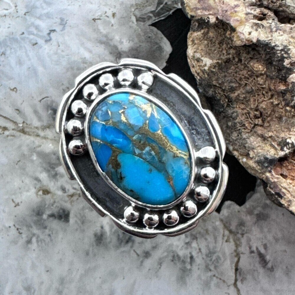 Sterling Southwestern Style Oval Copper Turquoise Decorated Ring For Women